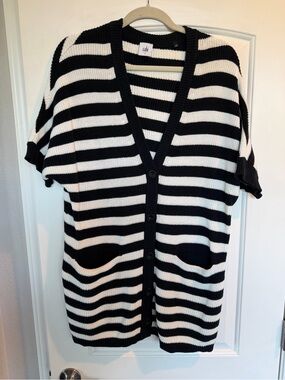 CAbi Black and White Striped Button-Front Cardigan